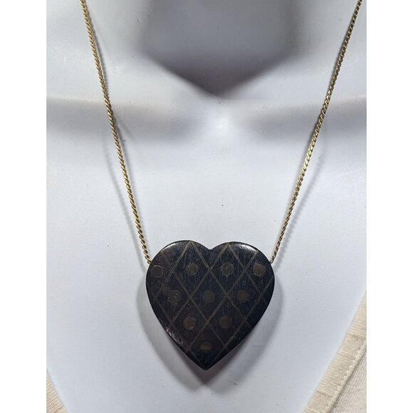 Vintage Wooden Heart Pendant Necklace With Brass Inlay - Picture 4 of 5